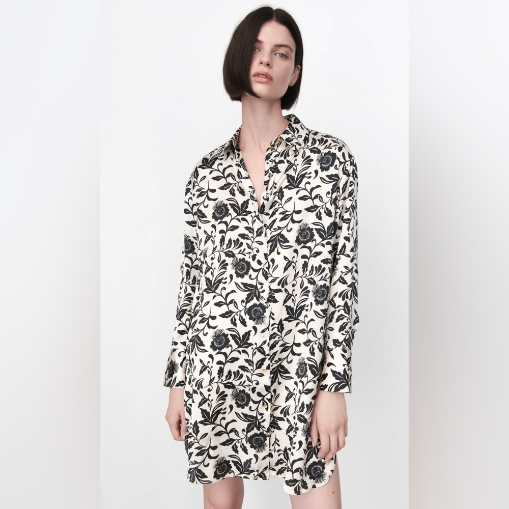 Zara Botton Down Black & White Floral Shirt Dress Sz S NWOT